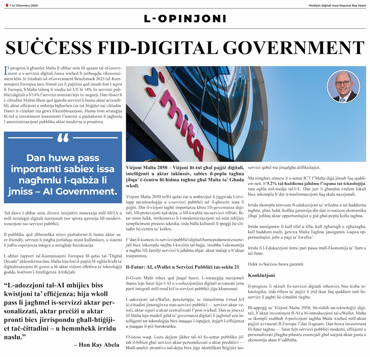 Ray Abela — article excerpt, L-Opinjoni, December 1, 2025